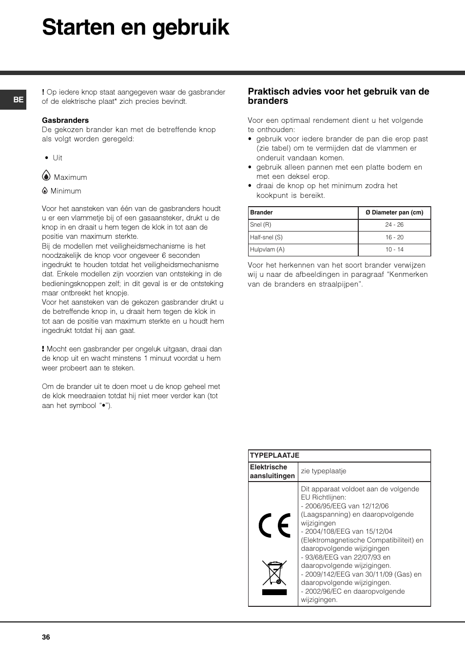 Starten en gebruik, Praktisch advies voor het gebruik van de branders | Hotpoint Ariston PKQ 644 D GH (K)-HA User Manual | Page 36 / 80