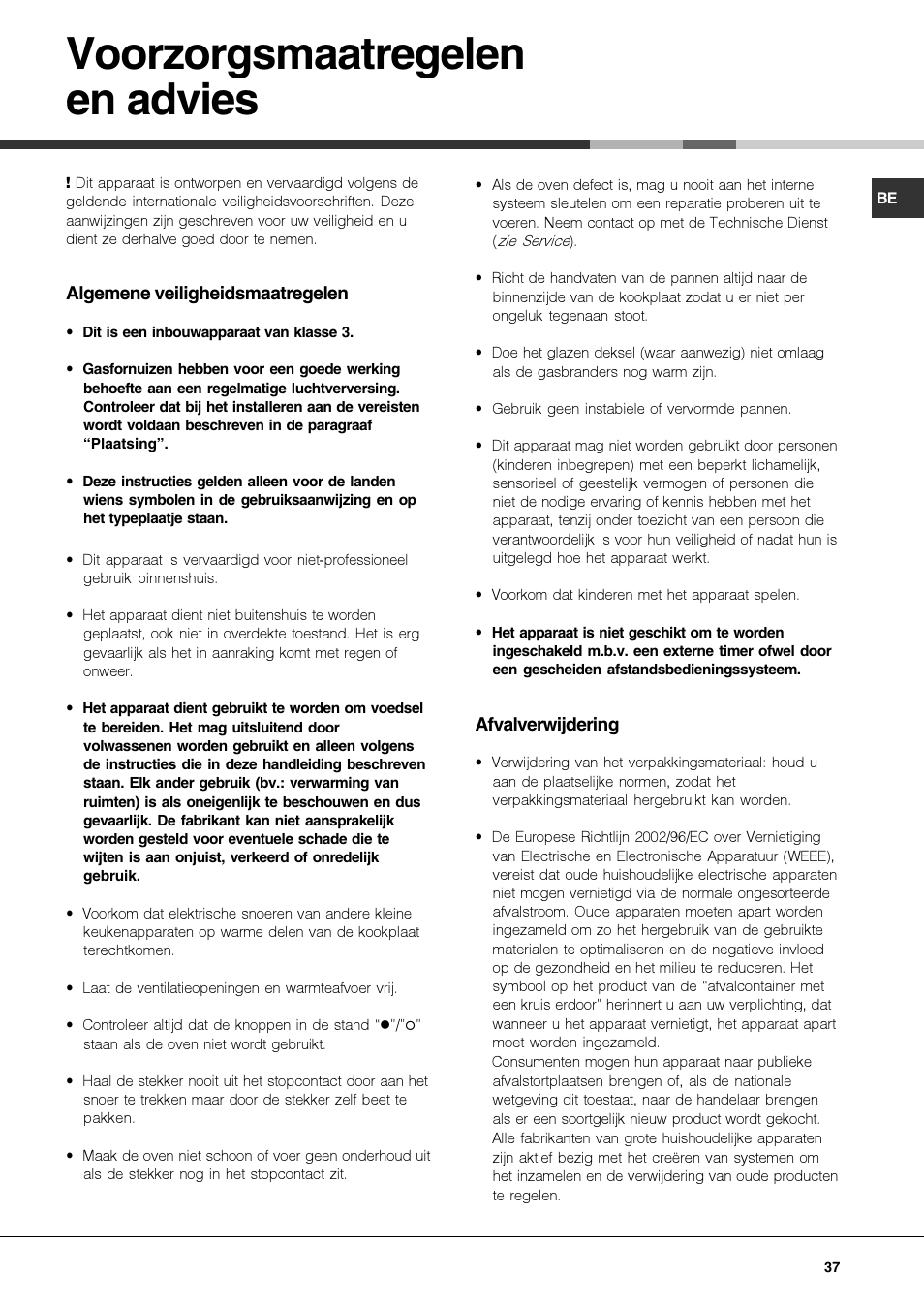 Voorzorgsmaatregelen en advies | Hotpoint Ariston PKQ 644 D GH (K)-HA User Manual | Page 37 / 80