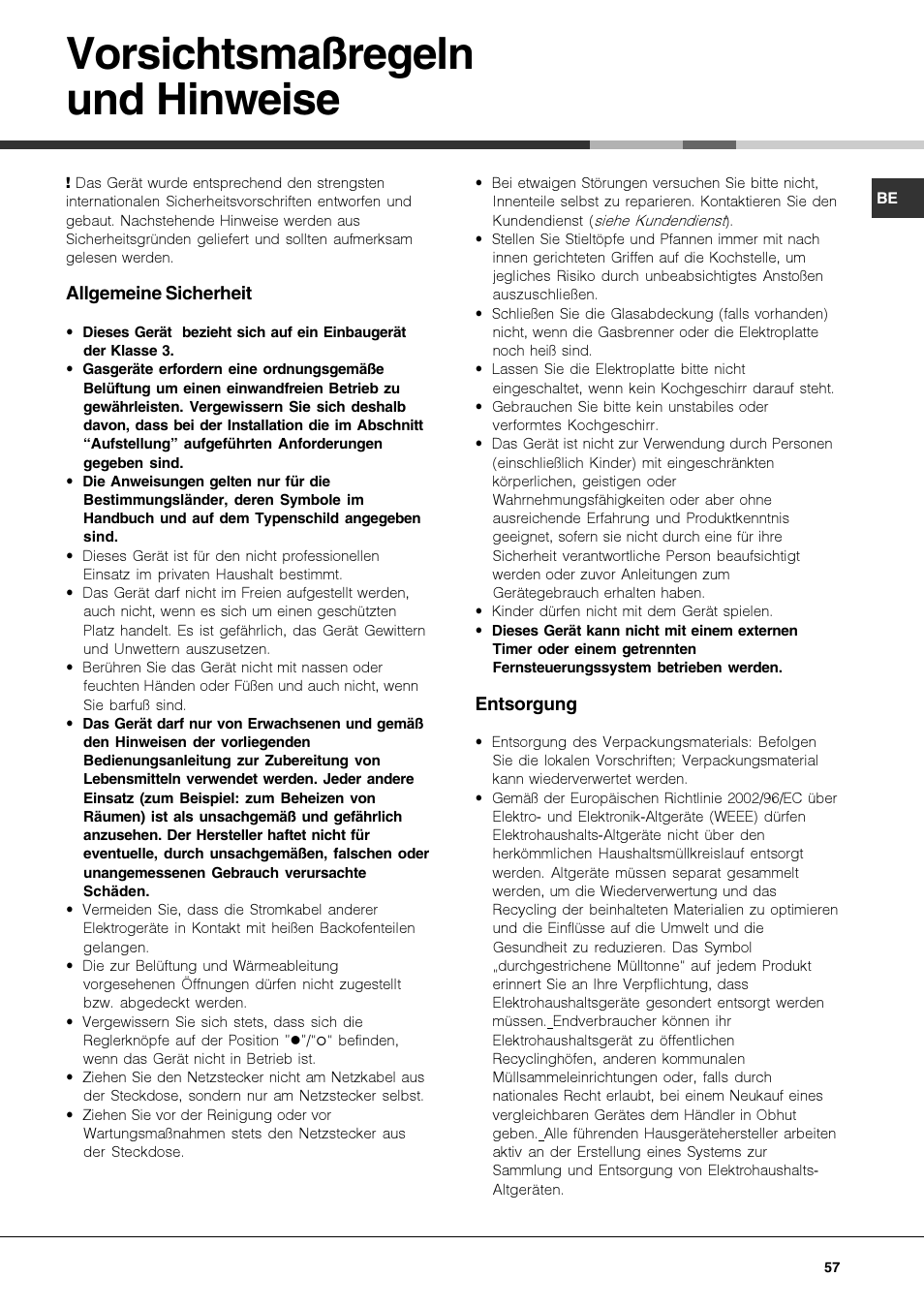 Vorsichtsmaßregeln und hinweise | Hotpoint Ariston PKQ 644 D GH (K)-HA User Manual | Page 57 / 80