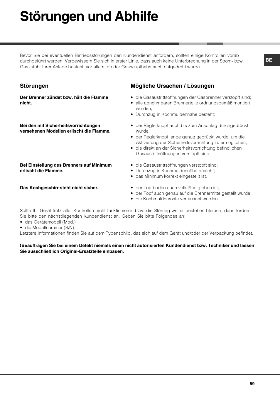 Störungen und abhilfe | Hotpoint Ariston PKQ 644 D GH (K)-HA User Manual | Page 59 / 80