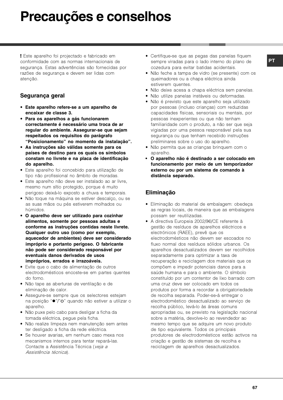 Precauções e conselhos | Hotpoint Ariston PKQ 644 D GH (K)-HA User Manual | Page 67 / 80