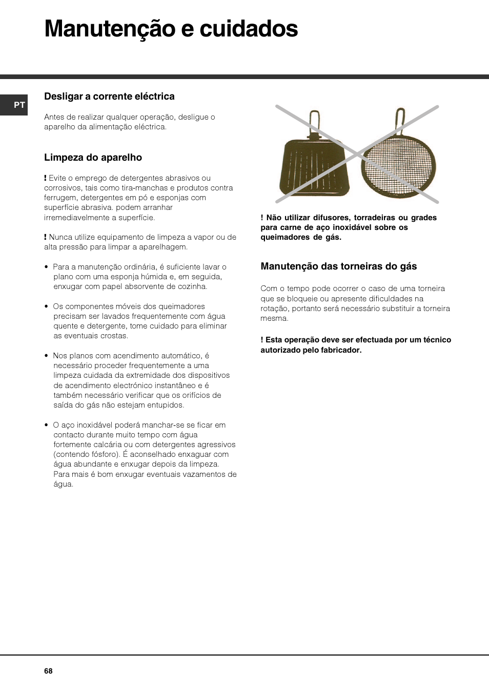 Manutenção e cuidados | Hotpoint Ariston PKQ 644 D GH (K)-HA User Manual | Page 68 / 80