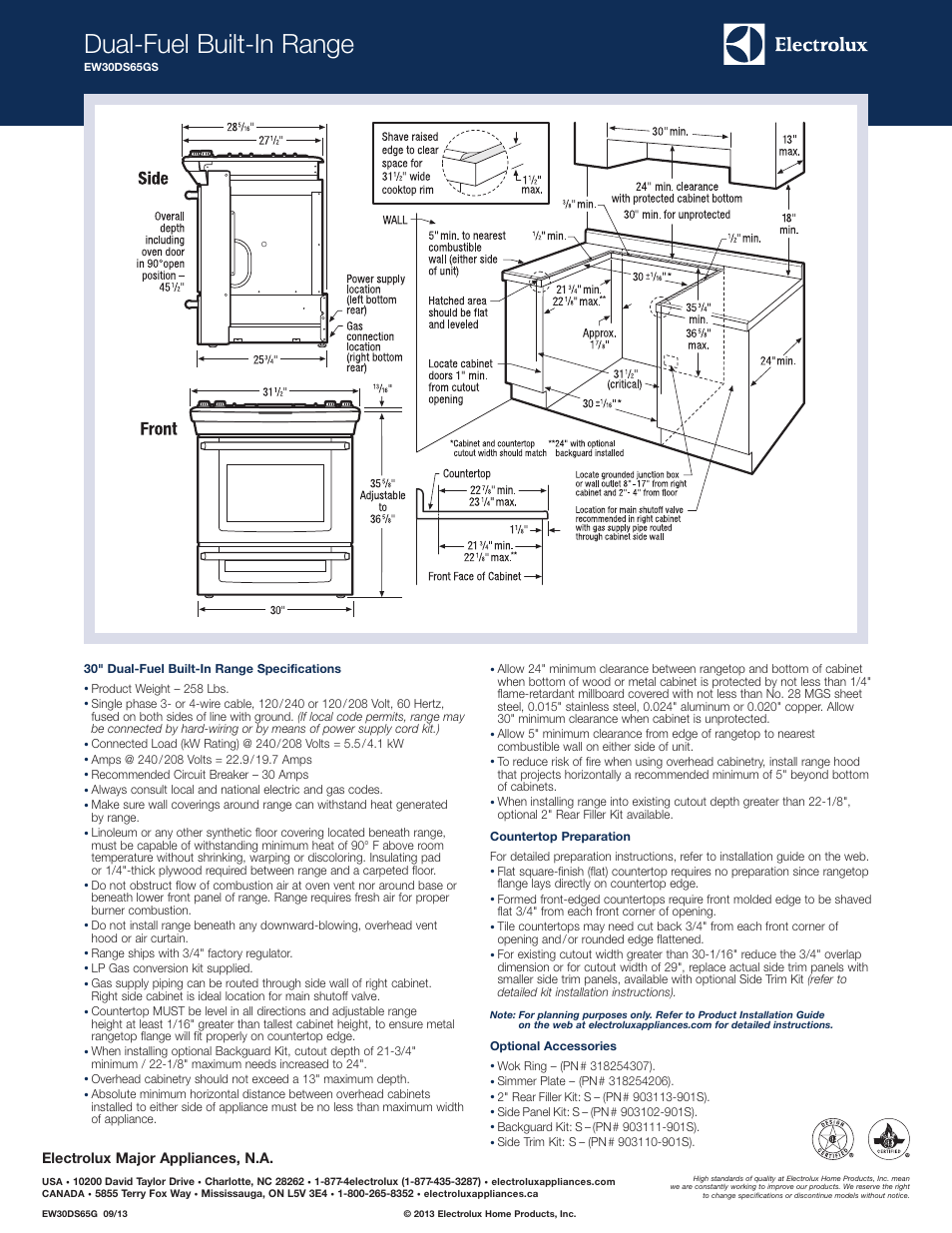 Dual-fuel built-in range, Electrolux major appliances, n.a | Electrolux EW30DS65GS User Manual | Page 2 / 2