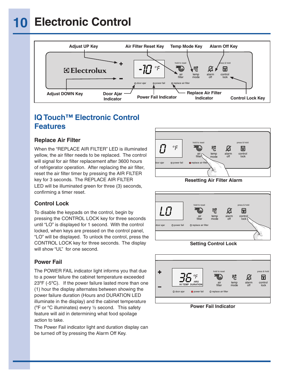 Electronic control, Iq touch™ electronic control features, Replace air filter | Control lock, Power fail | Electrolux EI32AF65JS User Manual | Page 10 / 22