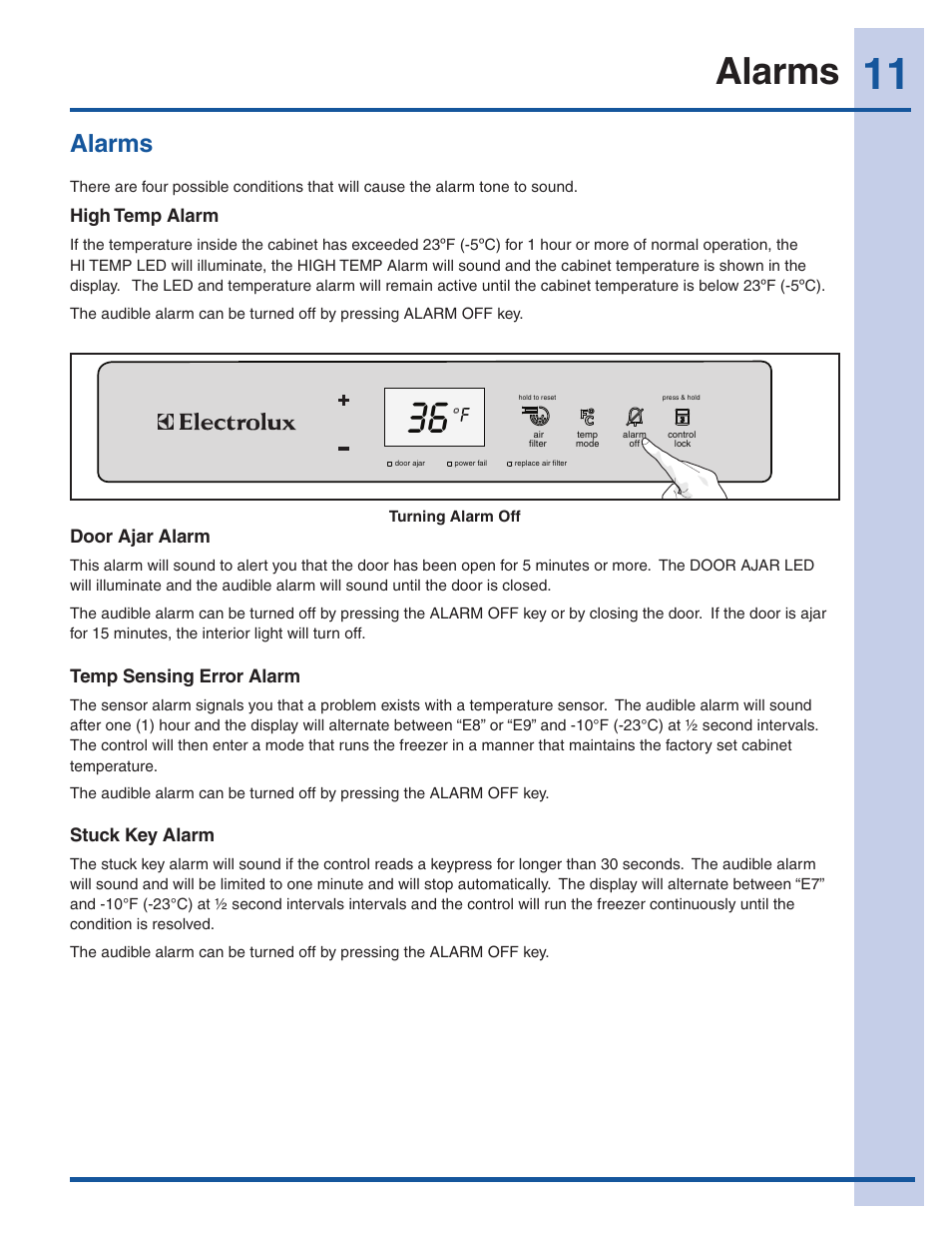 Alarms | Electrolux EI32AF65JS User Manual | Page 11 / 22