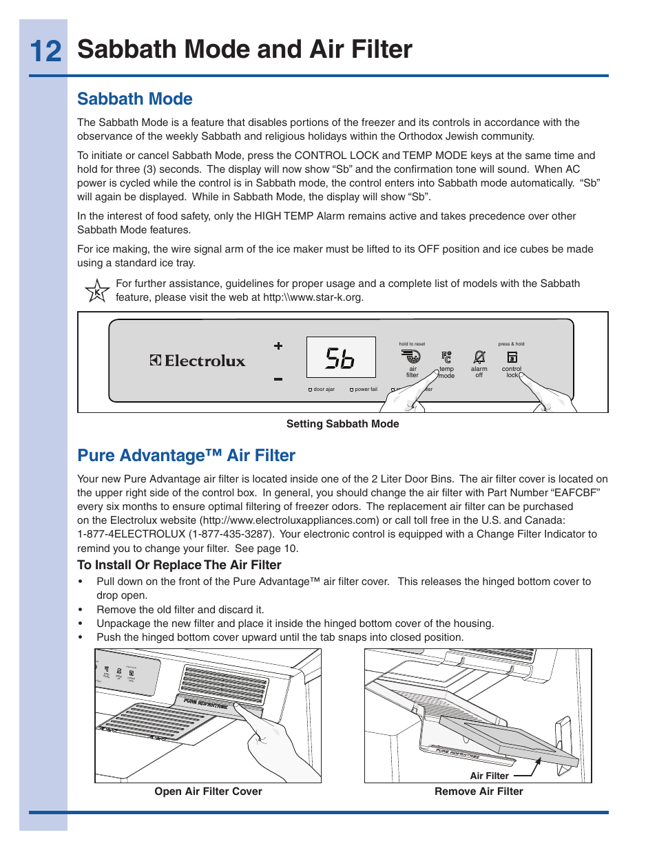 Sabbath mode and air filter, Sabbath mode, Pure advantage™ air filter | Electrolux EI32AF65JS User Manual | Page 12 / 22