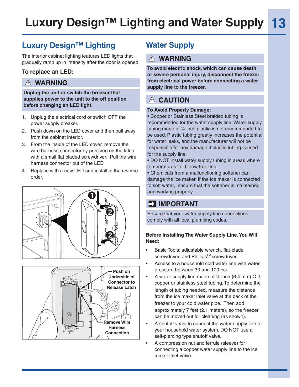 Luxury design™ lighting and water supply, Luxury design™ lighting, Water supply | Electrolux EI32AF65JS User Manual | Page 13 / 22