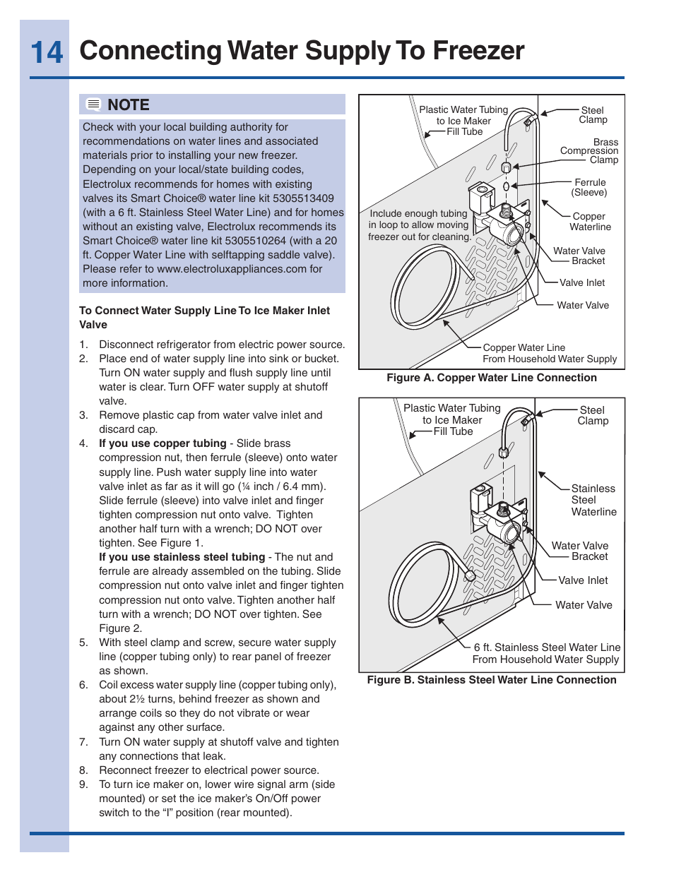 Connecting water supply to freezer | Electrolux EI32AF65JS User Manual | Page 14 / 22