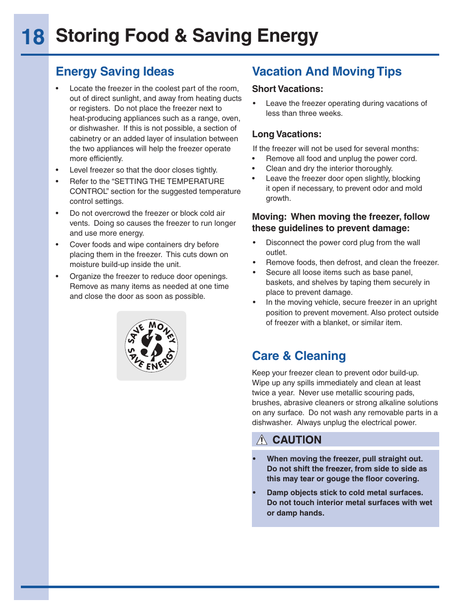 Storing food & saving energy, Energy saving ideas, Vacation and moving tips | Care & cleaning | Electrolux EI32AF65JS User Manual | Page 18 / 22