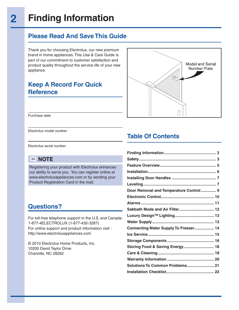 Finding information, Please read and save this guide, Keep a record for quick reference | Table of contents questions | Electrolux EI32AF65JS User Manual | Page 2 / 22