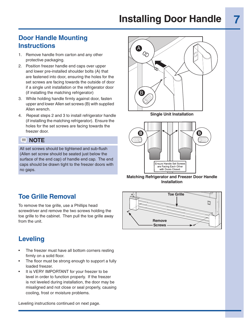 Installing door handle, Door handle mounting instructions, Toe grille removal | Leveling | Electrolux EI32AF65JS User Manual | Page 7 / 22