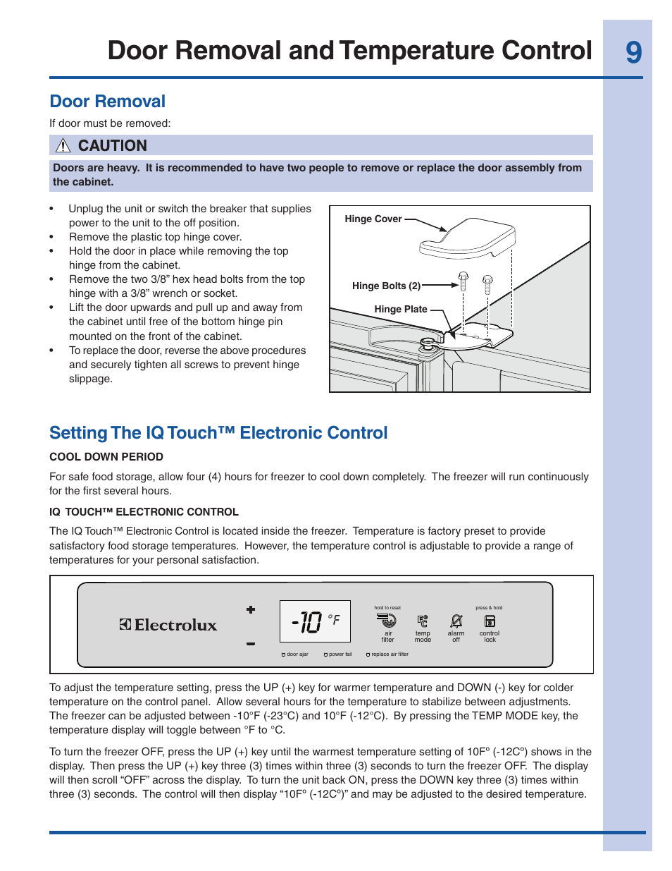 Door removal and temperature control, Door removal, Setting the iq touch™ electronic control | Electrolux EI32AF65JS User Manual | Page 9 / 22