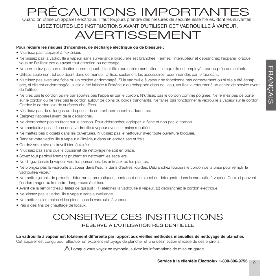 Précautions importantes, Avertissement, Conservez ces instructions | Electrolux EL9010A User Manual | Page 11 / 28