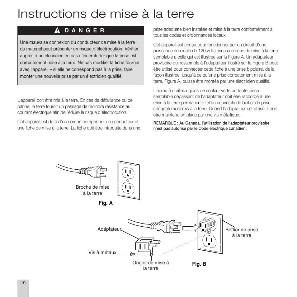 Instructions de mise à la terre | Electrolux EL9010A User Manual | Page 12 / 28