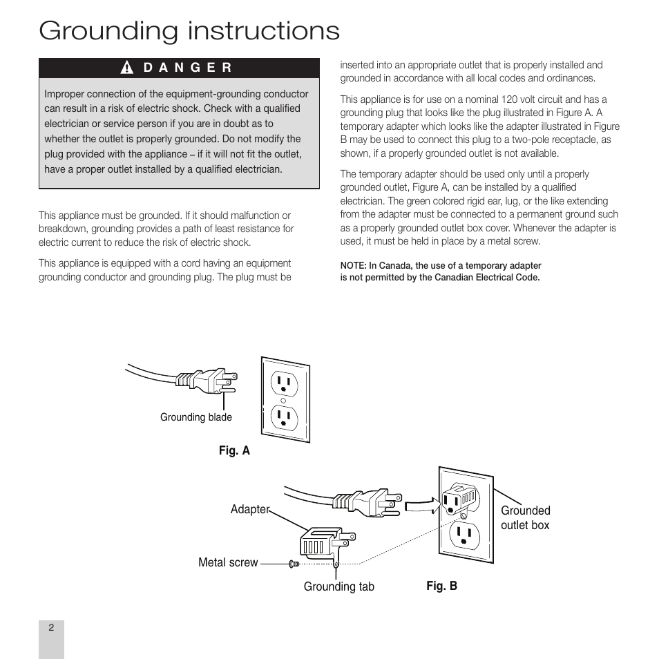 Grounding instructions | Electrolux EL9010A User Manual | Page 4 / 28