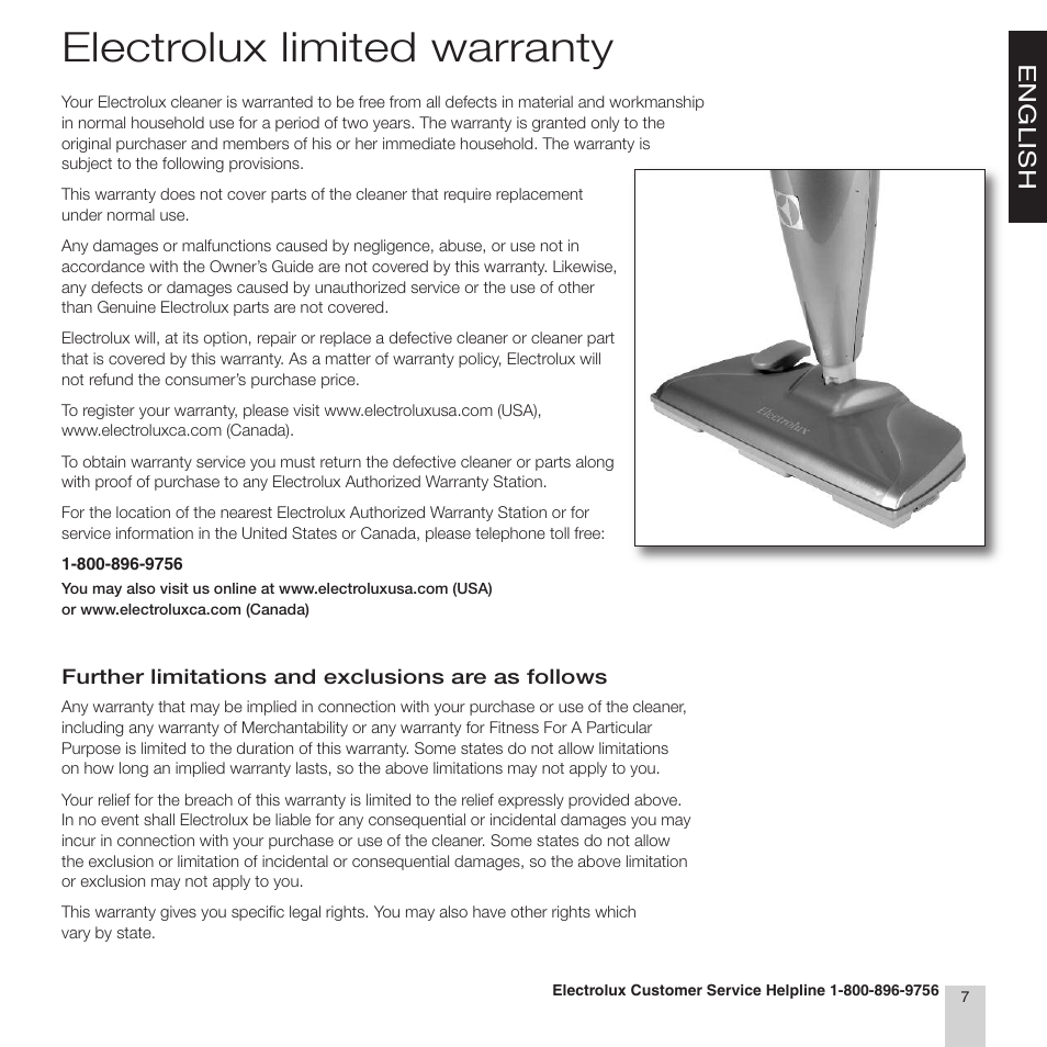 Electrolux limited warranty, En g l is h | Electrolux EL9010A User Manual | Page 9 / 28