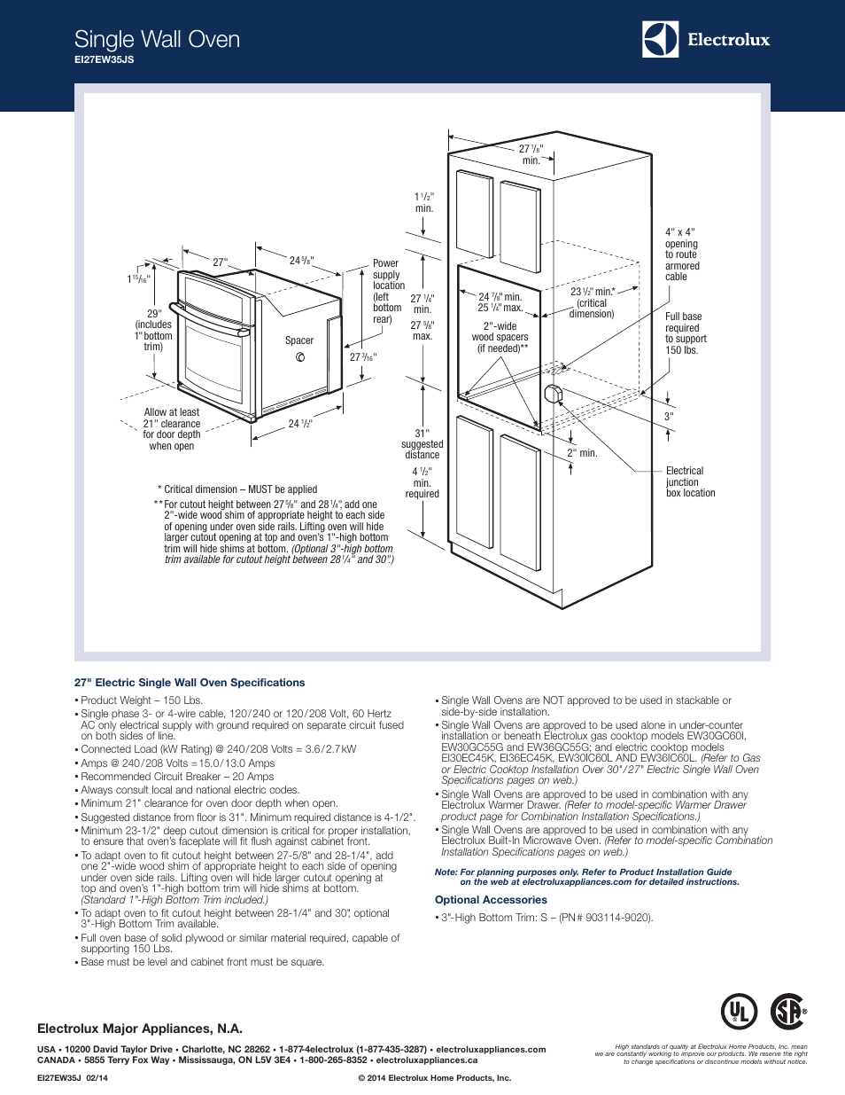 Single wall oven, Electrolux major appliances, n.a | Electrolux EI27EW35JS User Manual | Page 2 / 11