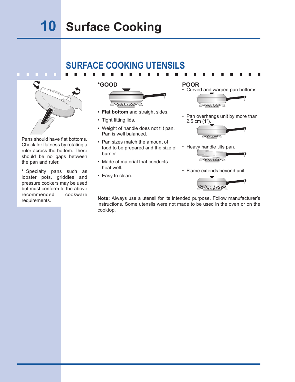 Surface cooking, Surface cooking utensils | Electrolux EW30GC60IS User Manual | Page 10 / 20