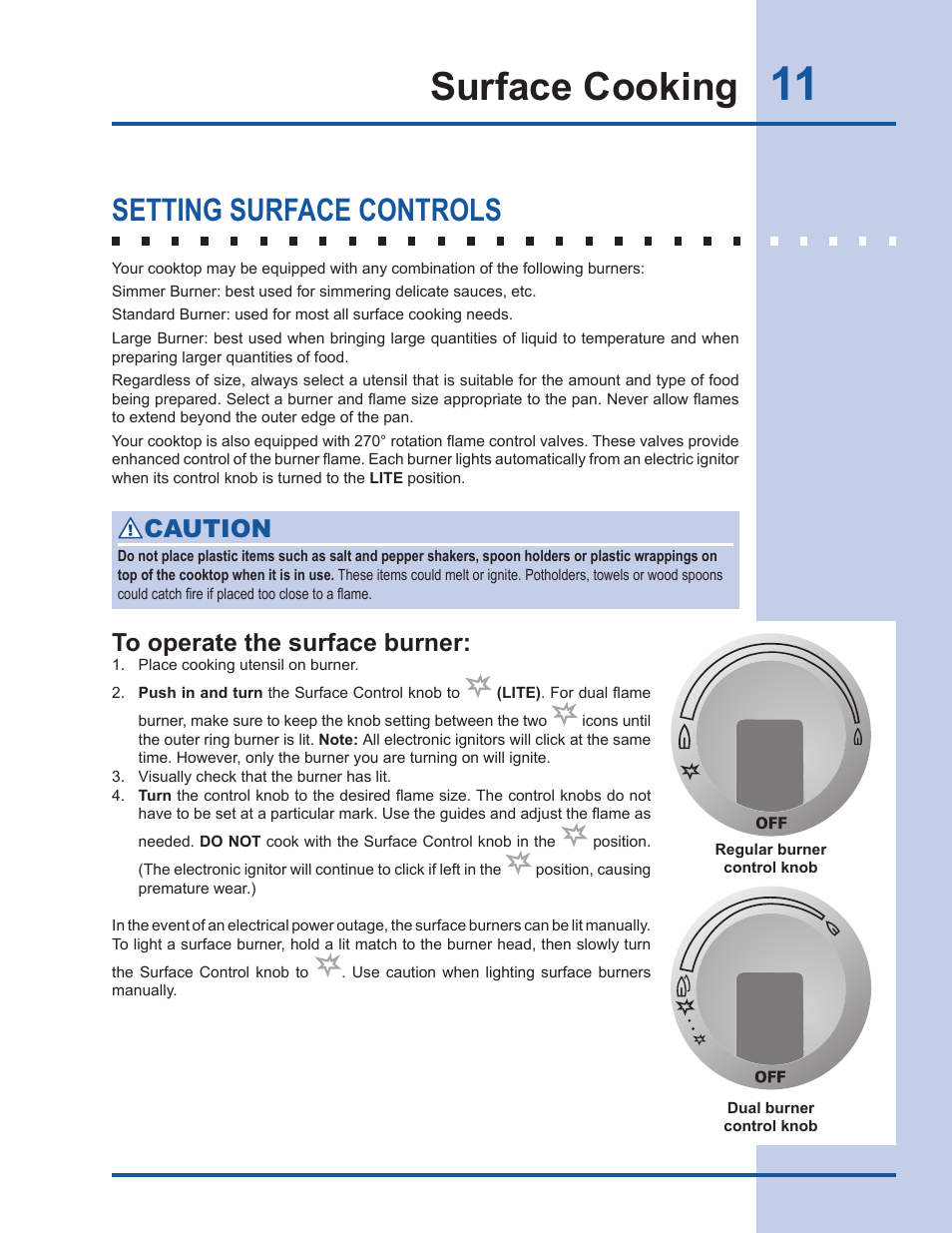 Surface cooking, Setting surface controls, Caution | Electrolux EW30GC60IS User Manual | Page 11 / 20