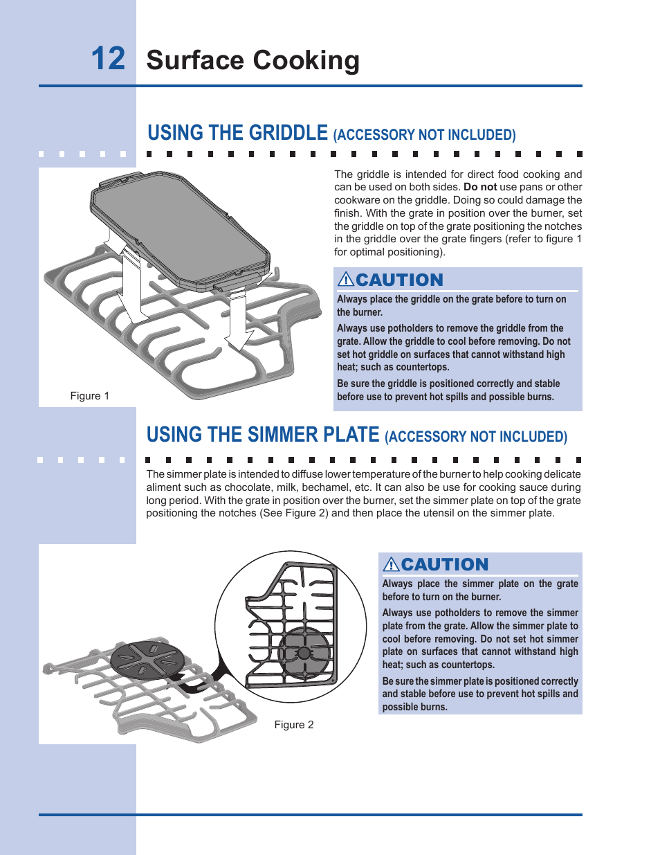 Surface cooking, Using the griddle, Using the simmer plate | Caution | Electrolux EW30GC60IS User Manual | Page 12 / 20