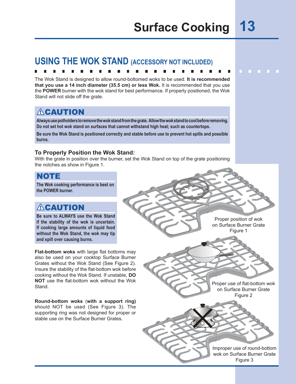 Surface cooking, Using the wok stand, Caution | Accessory not included) | Electrolux EW30GC60IS User Manual | Page 13 / 20