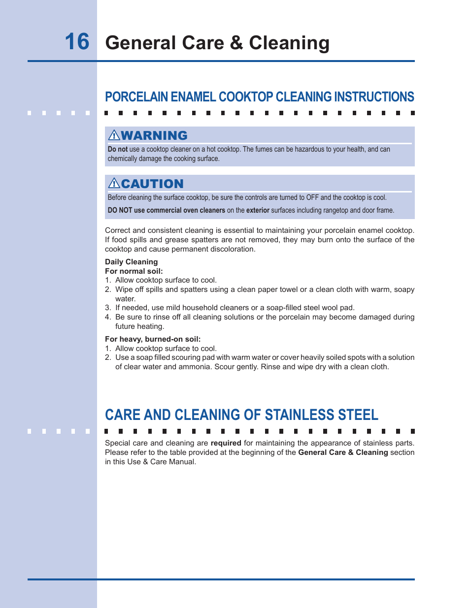 General care & cleaning, Care and cleaning of stainless steel, Porcelain enamel cooktop cleaning instructions | Warning, Caution | Electrolux EW30GC60IS User Manual | Page 16 / 20