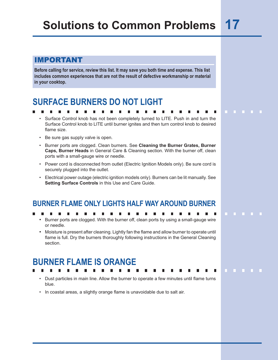 Solutions to common problems, Surface burners do not light, Burner flame is orange | Burner flame only lights half way around burner, Important | Electrolux EW30GC60IS User Manual | Page 17 / 20