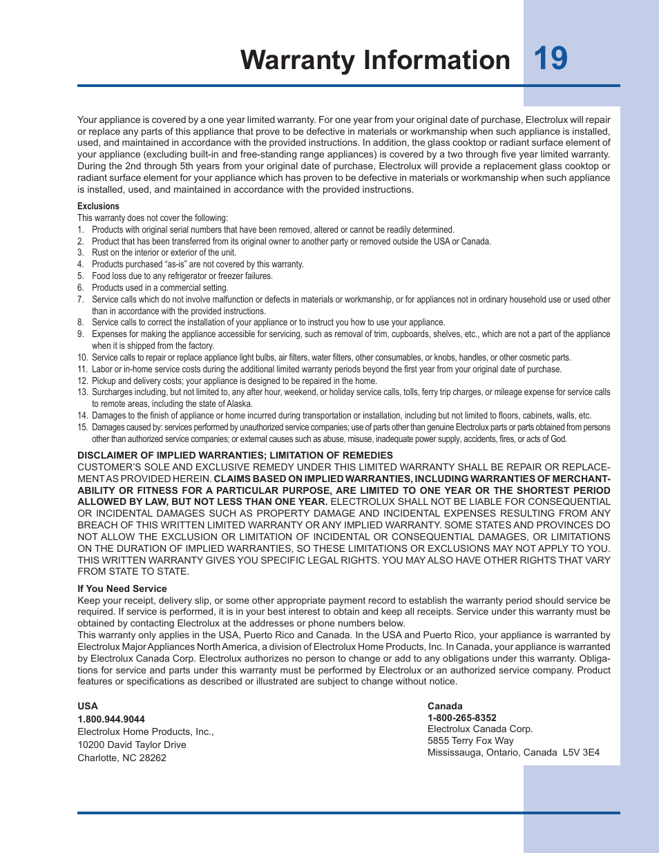 Warranty information | Electrolux EW30GC60IS User Manual | Page 19 / 20