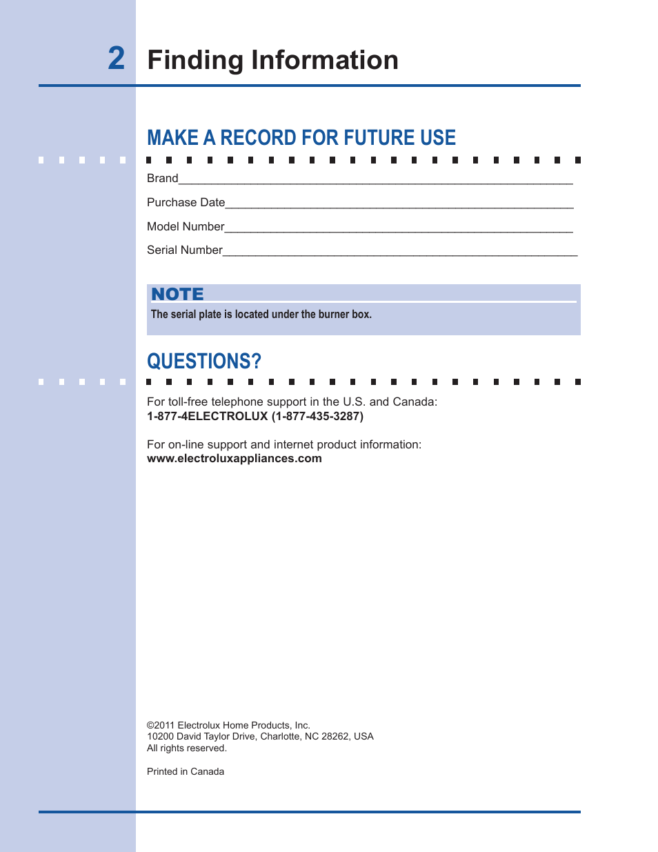 Finding information, Make a record for future use, Questions | Electrolux EW30GC60IS User Manual | Page 2 / 20