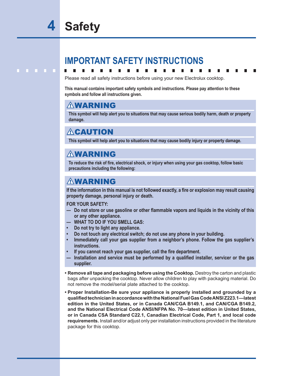 Safety, Important safety instructions, Warning | Caution | Electrolux EW30GC60IS User Manual | Page 4 / 20