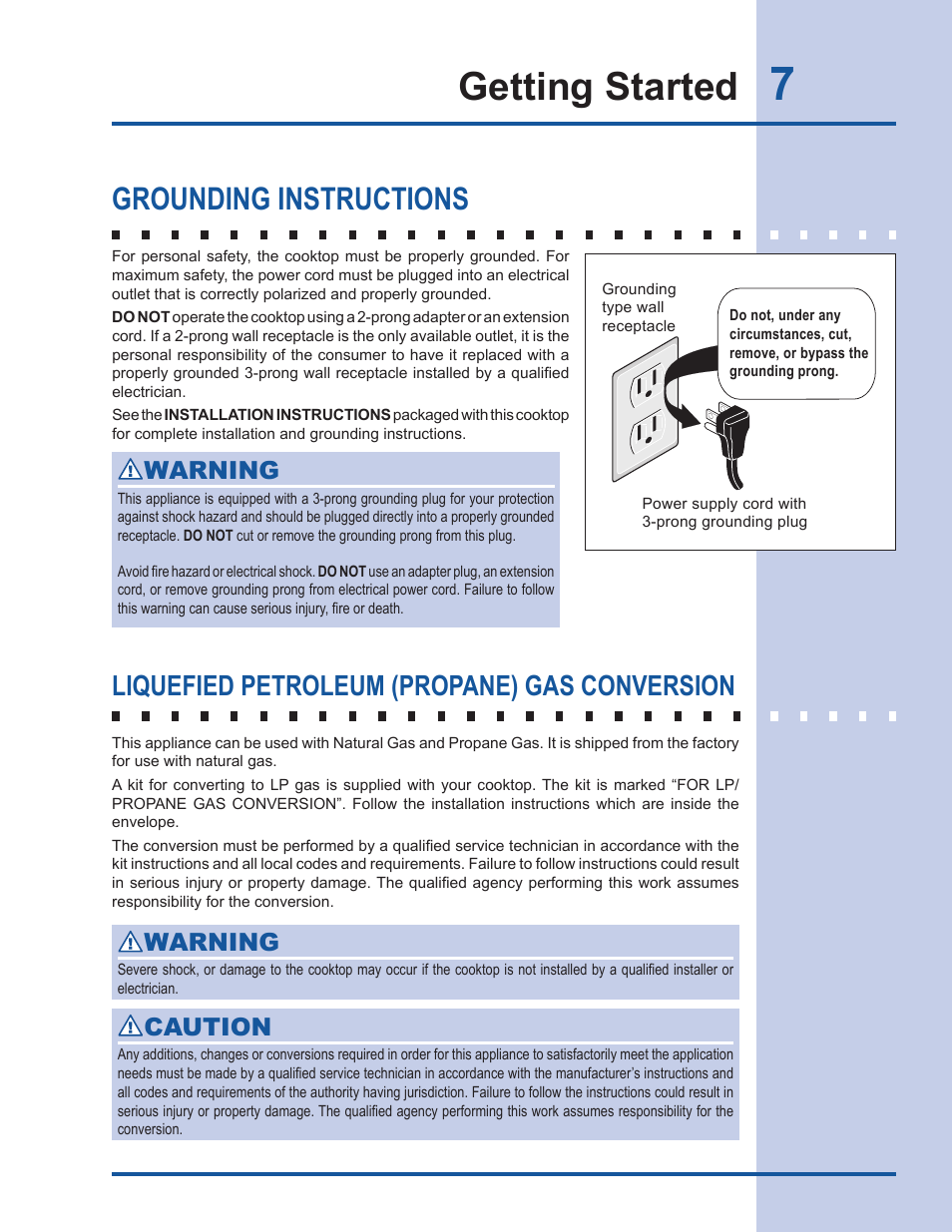 Getting started, Grounding instructions, Liquefied petroleum (propane) gas conversion | Warning, Caution | Electrolux EW30GC60IS User Manual | Page 7 / 20