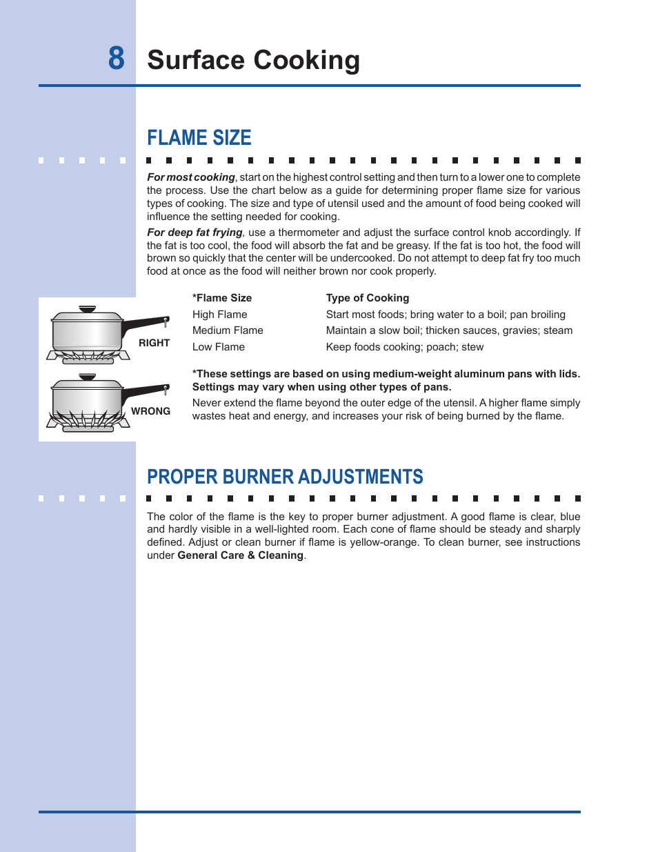 Surface cooking, Flame size, Proper burner adjustments | Electrolux EW30GC60IS User Manual | Page 8 / 20