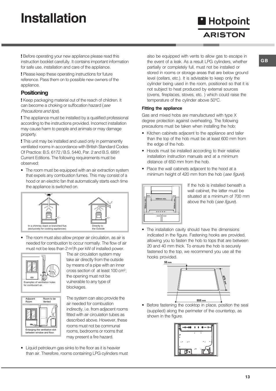 Installation, Positioning | Hotpoint Ariston TD 640 S (ICE) IX-HA User Manual | Page 13 / 56