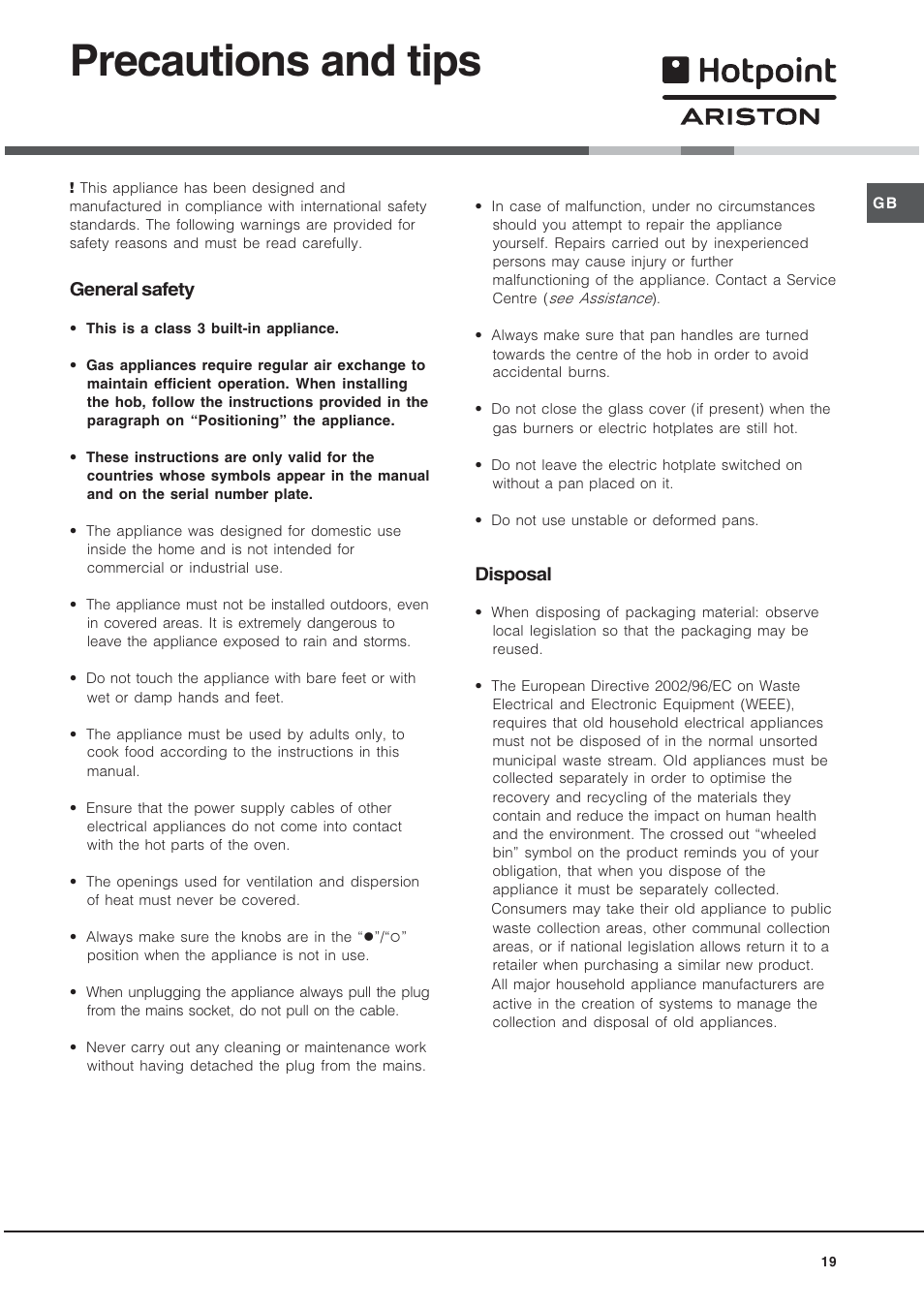 Precautions and tips, General safety, Disposal | Hotpoint Ariston TD 640 S (ICE) IX-HA User Manual | Page 19 / 56