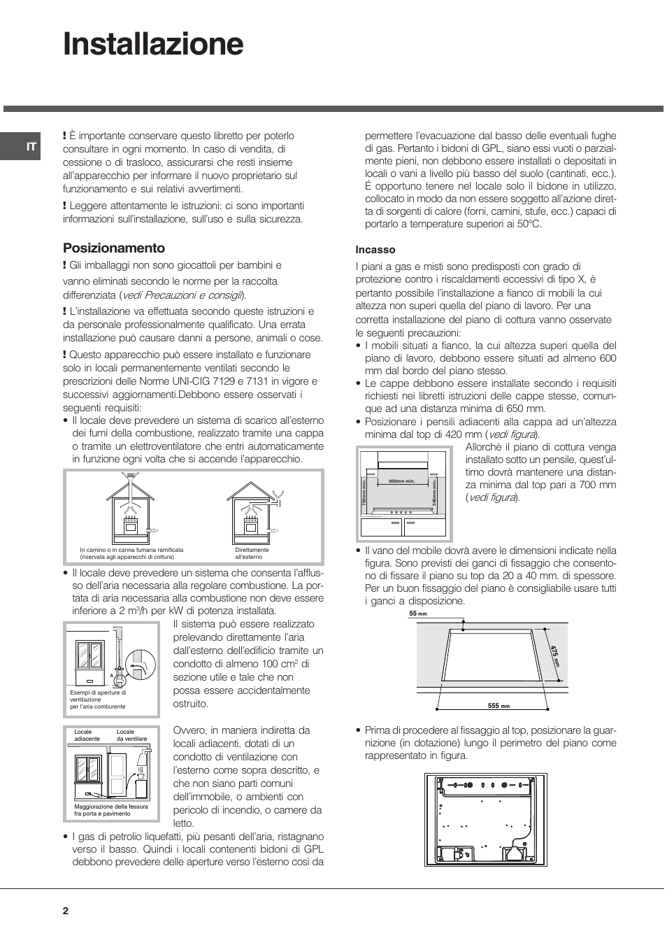Installazione, Posizionamento | Hotpoint Ariston TD 640 S (ICE) IX-HA User Manual | Page 2 / 56