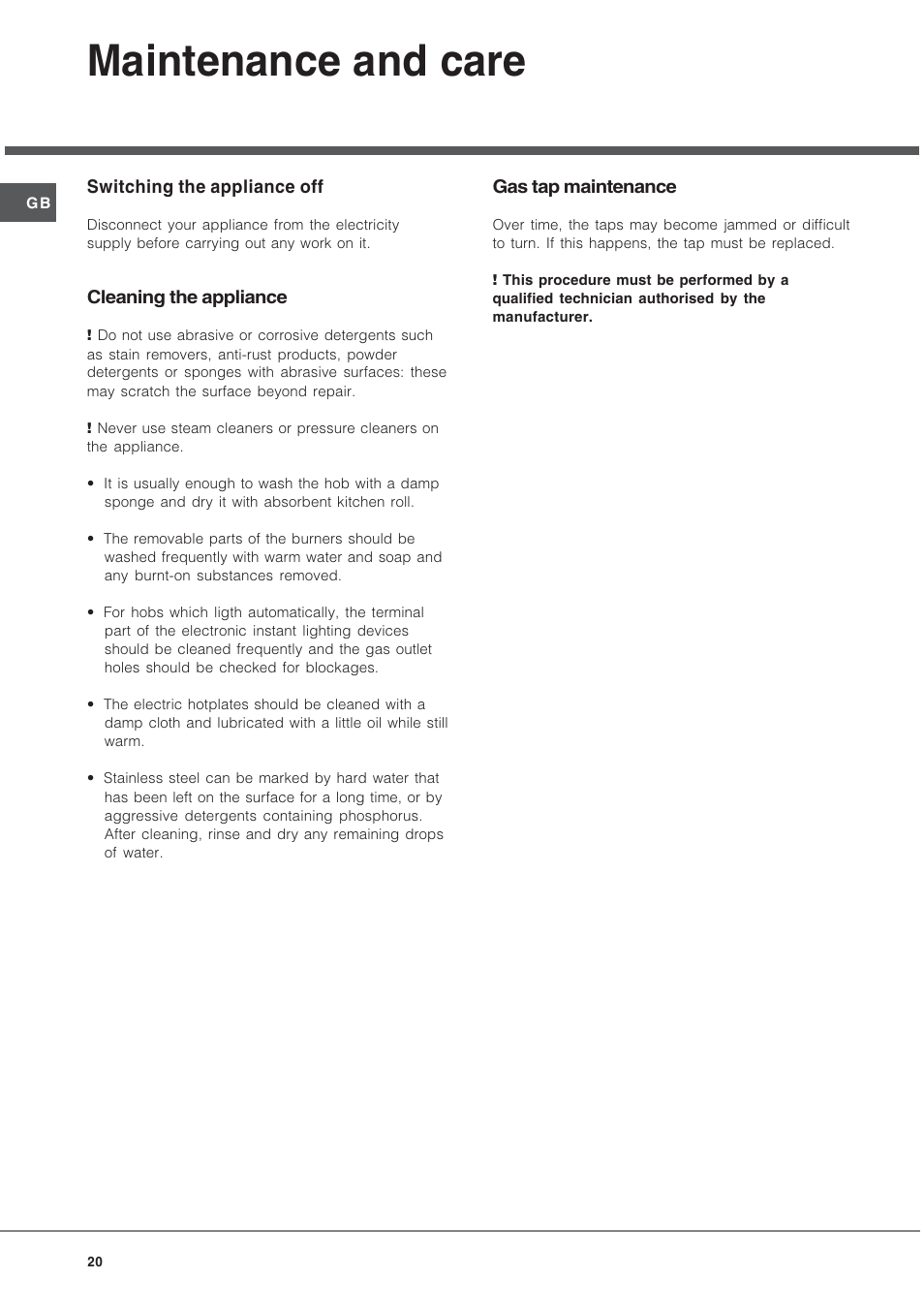 Maintenance and care | Hotpoint Ariston TD 640 S (ICE) IX-HA User Manual | Page 20 / 56