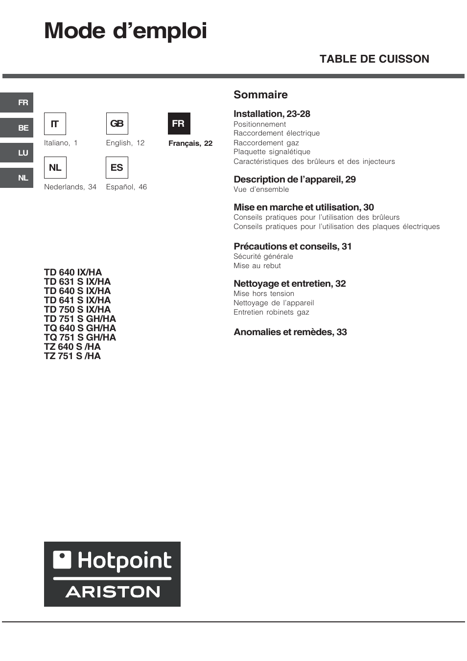 Mode demploi, Table de cuisson, Sommaire | Hotpoint Ariston TD 640 S (ICE) IX-HA User Manual | Page 22 / 56