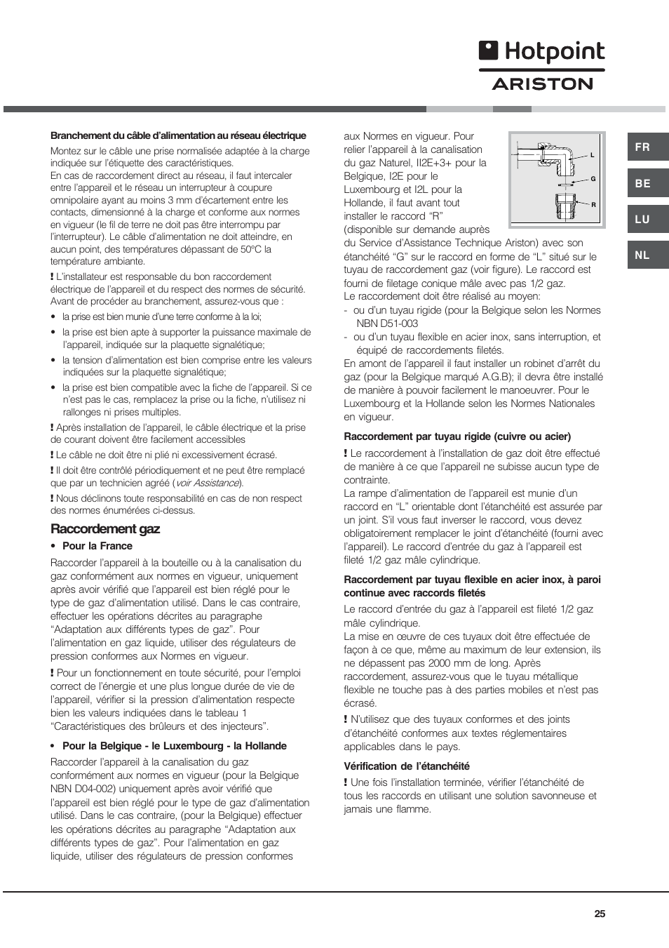 Raccordement gaz | Hotpoint Ariston TD 640 S (ICE) IX-HA User Manual | Page 25 / 56