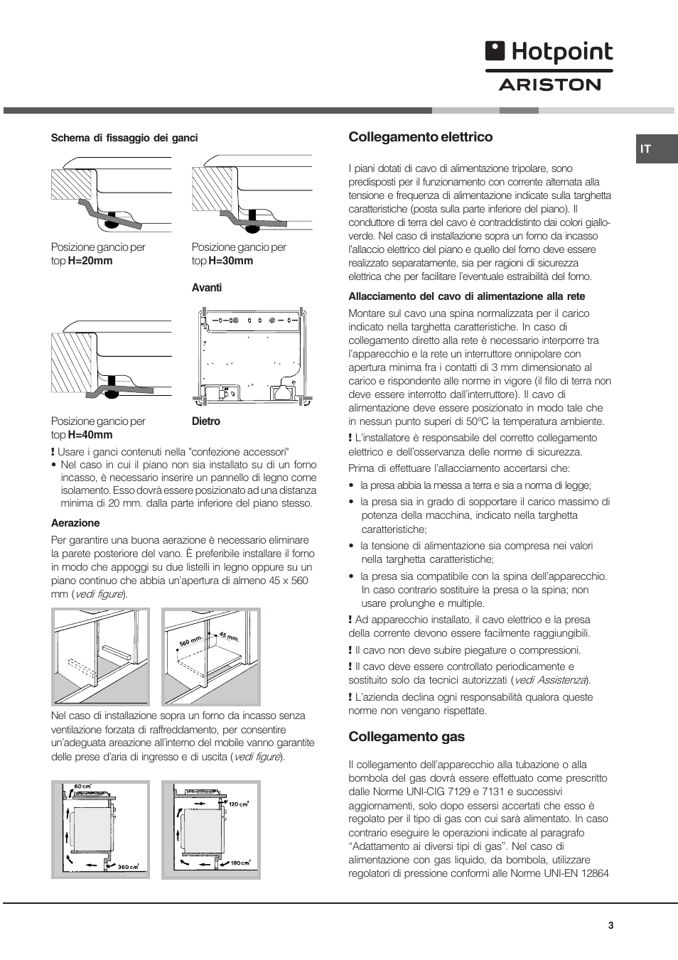 Collegamento elettrico, Collegamento gas | Hotpoint Ariston TD 640 S (ICE) IX-HA User Manual | Page 3 / 56