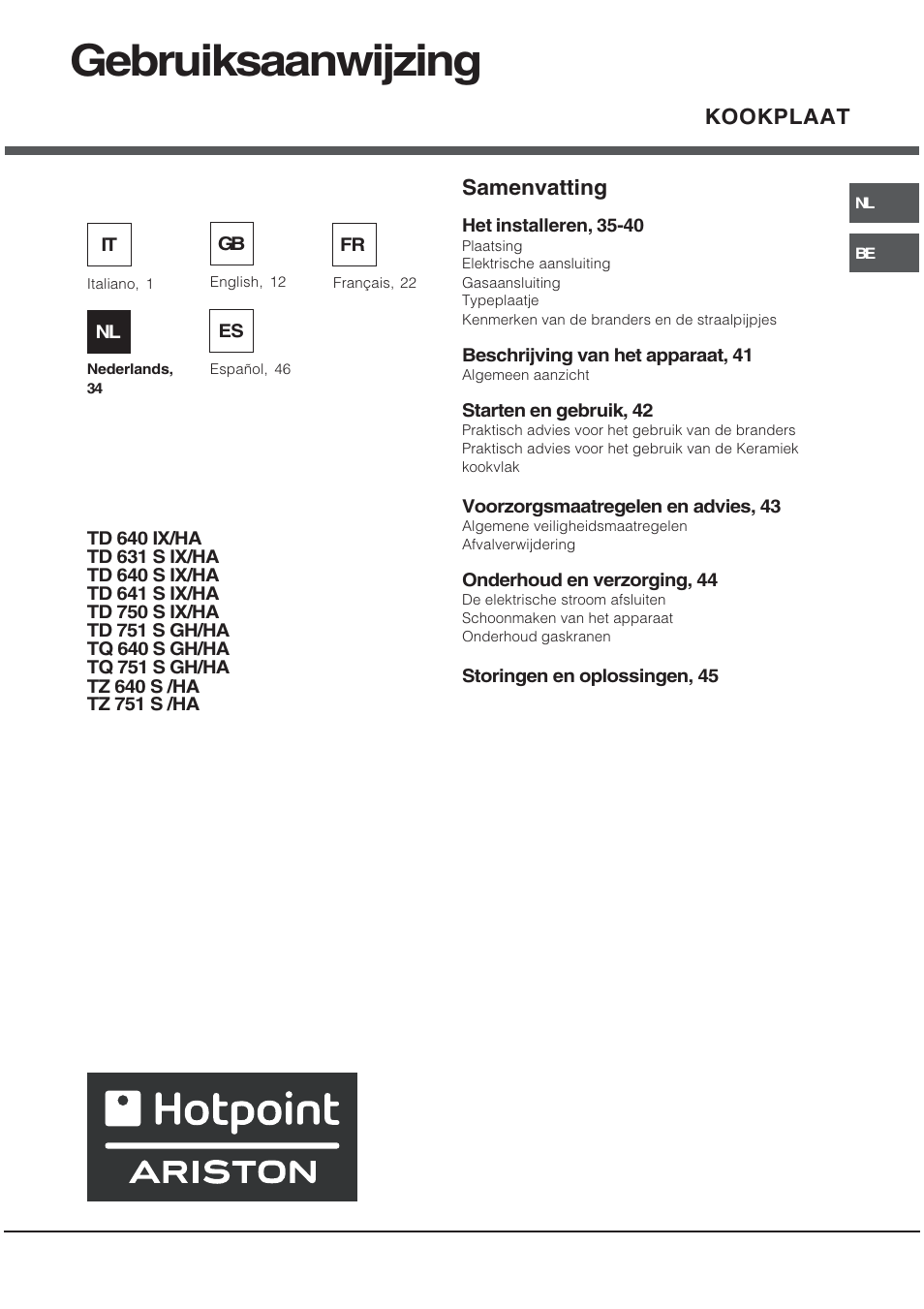 Gebruiksaanwijzing, Kookplaat samenvatting | Hotpoint Ariston TD 640 S (ICE) IX-HA User Manual | Page 34 / 56