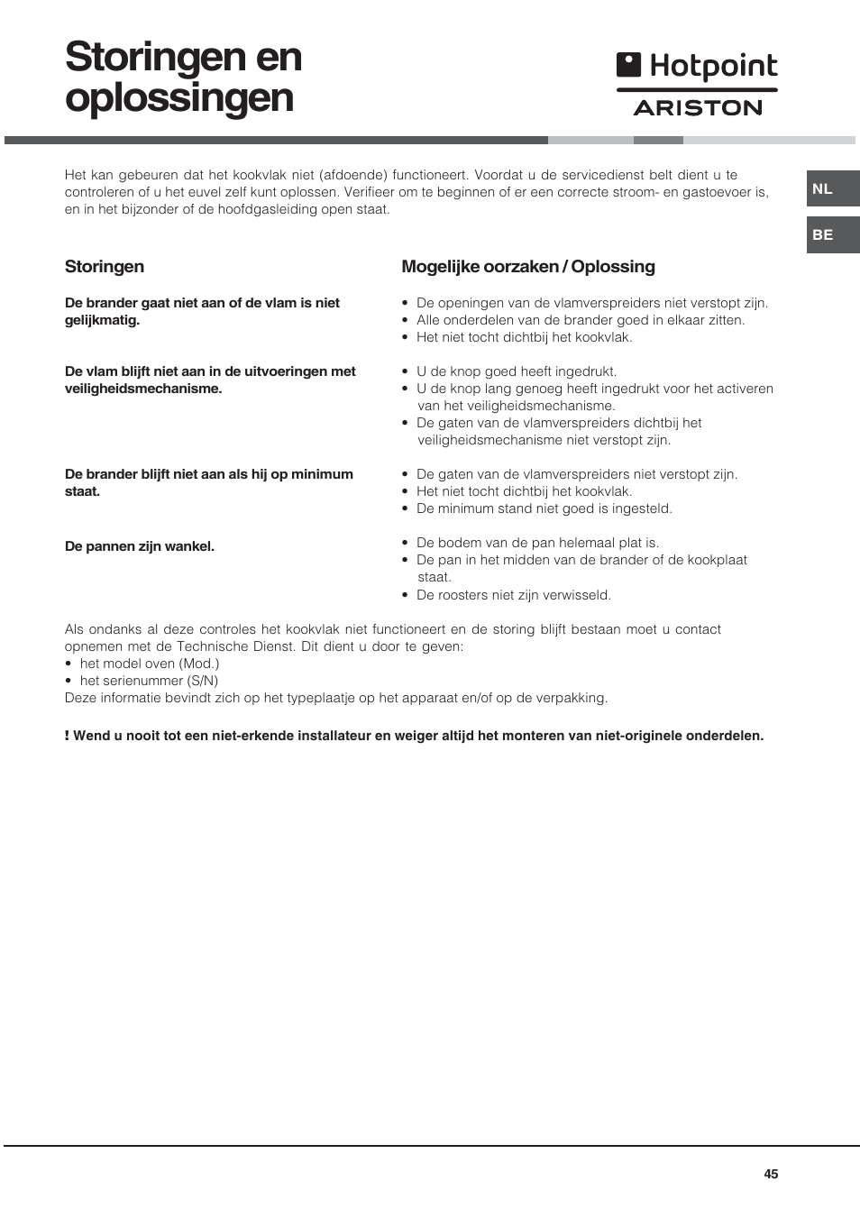 Storingen en oplossingen | Hotpoint Ariston TD 640 S (ICE) IX-HA User Manual | Page 45 / 56