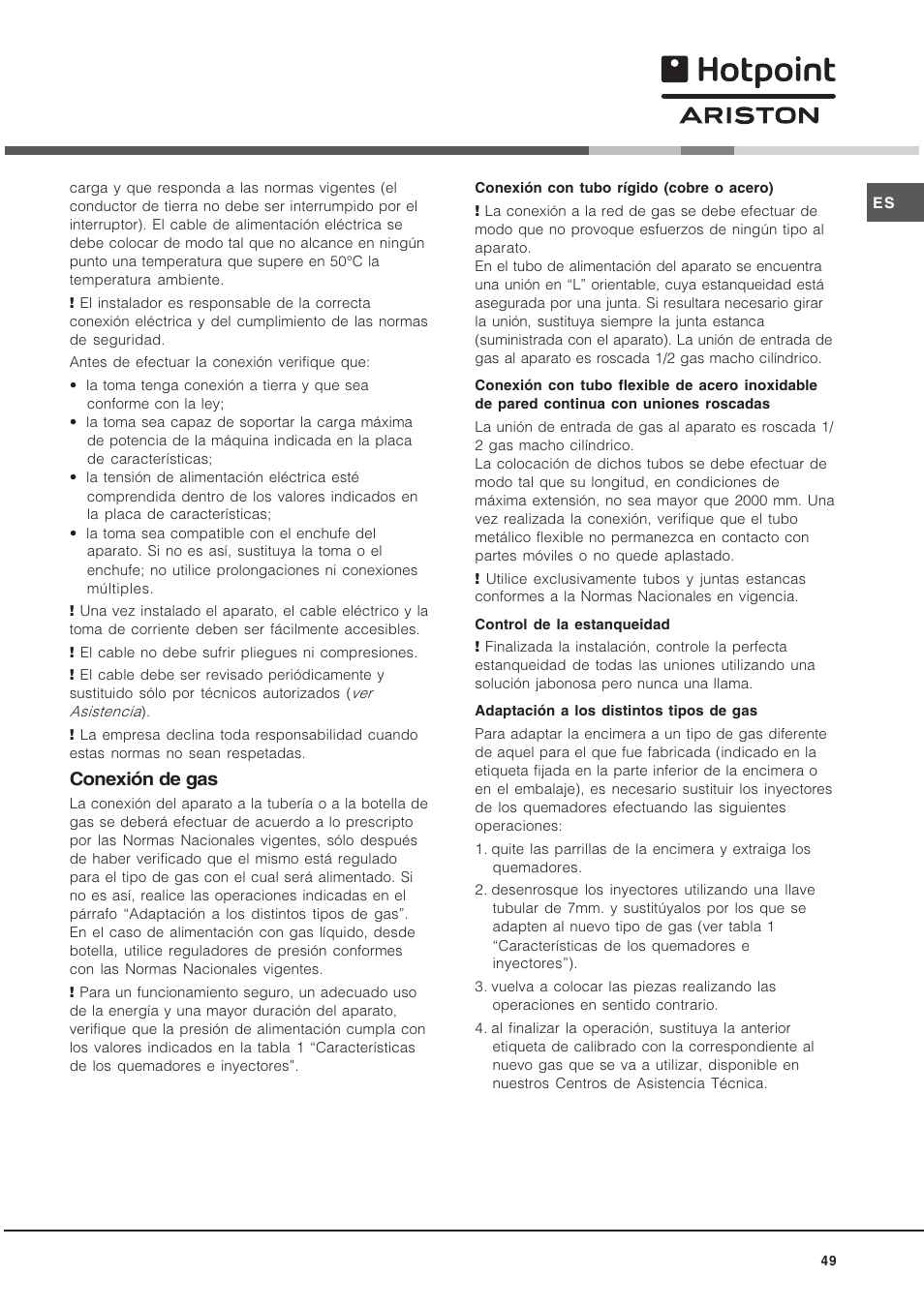 Conexión de gas | Hotpoint Ariston TD 640 S (ICE) IX-HA User Manual | Page 49 / 56