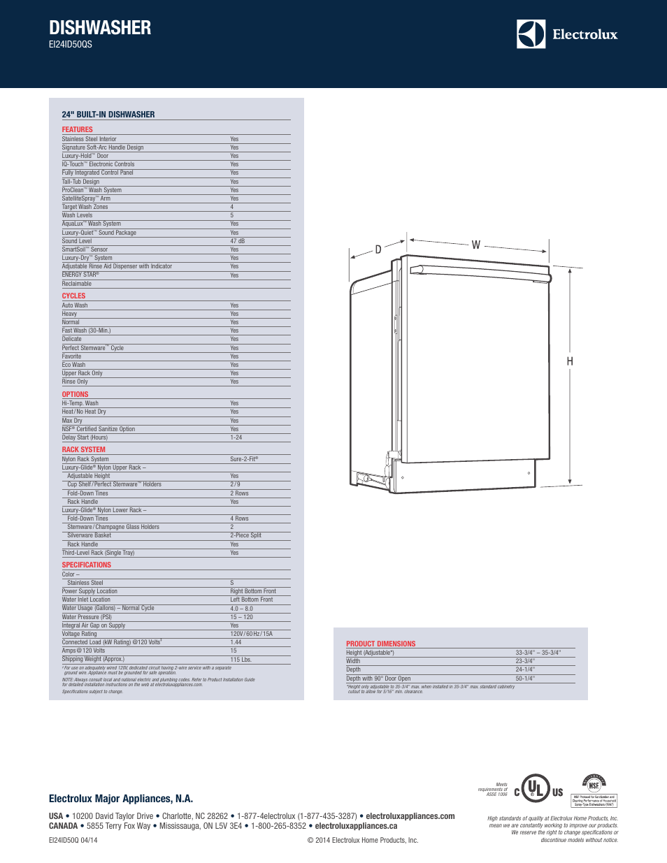 Dishwasher, Electrolux major appliances, n.a, Ei24id50qs | Electrolux EI24ID50QS User Manual | Page 2 / 6