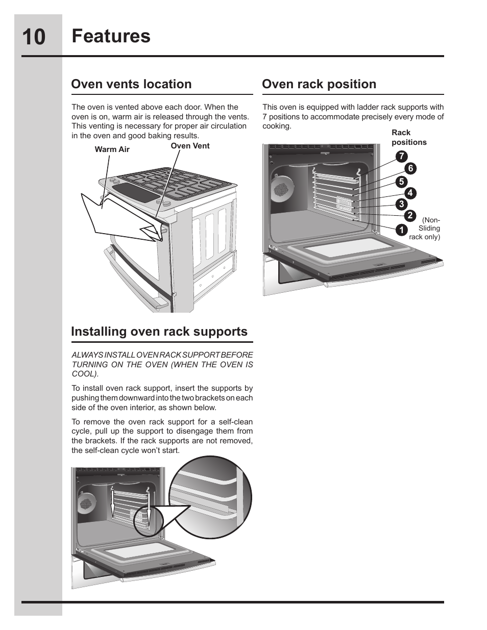 Features, Oven vents location oven rack position, Installing oven rack supports | Electrolux EW30GS75KS User Manual | Page 10 / 56