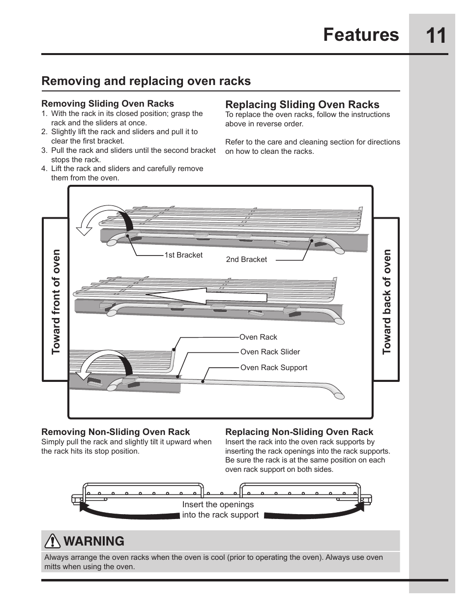 Features, Removing and replacing oven racks, Replacing sliding oven racks | Toward front of oven toward back of oven | Electrolux EW30GS75KS User Manual | Page 11 / 56