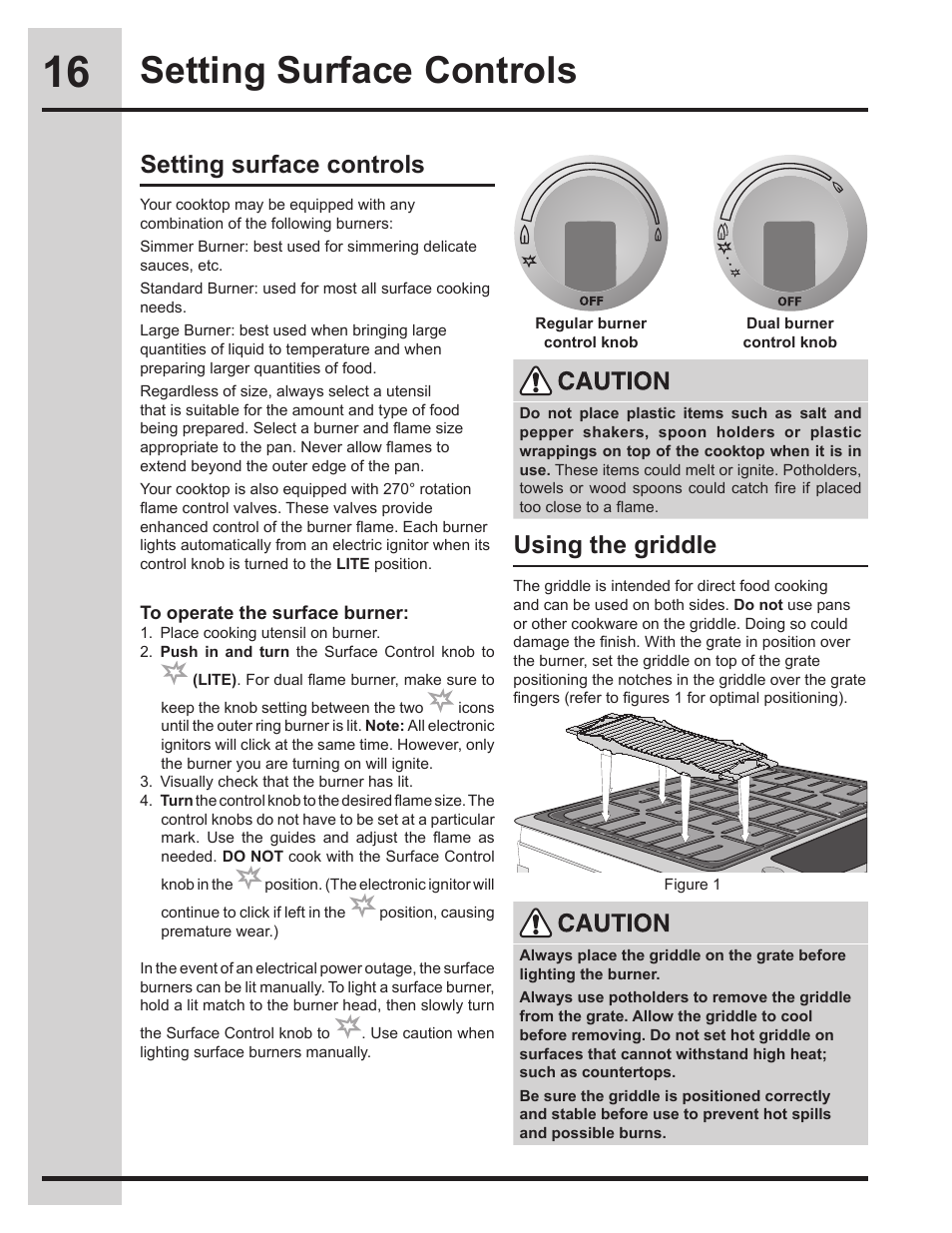 Setting surface controls, Setting surface controls using the griddle | Electrolux EW30GS75KS User Manual | Page 16 / 56