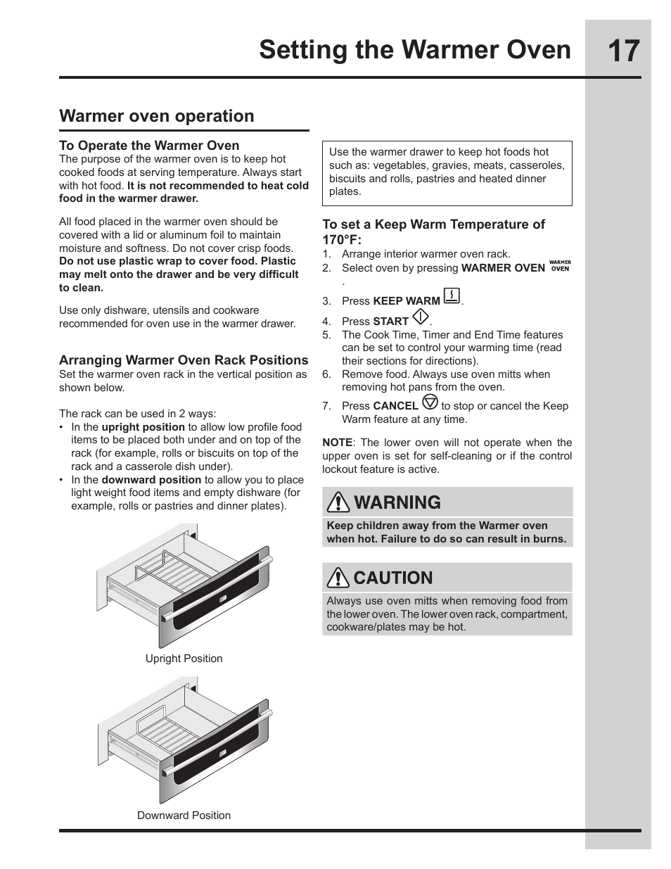 Setting the warmer oven, Warmer oven operation | Electrolux EW30GS75KS User Manual | Page 17 / 56