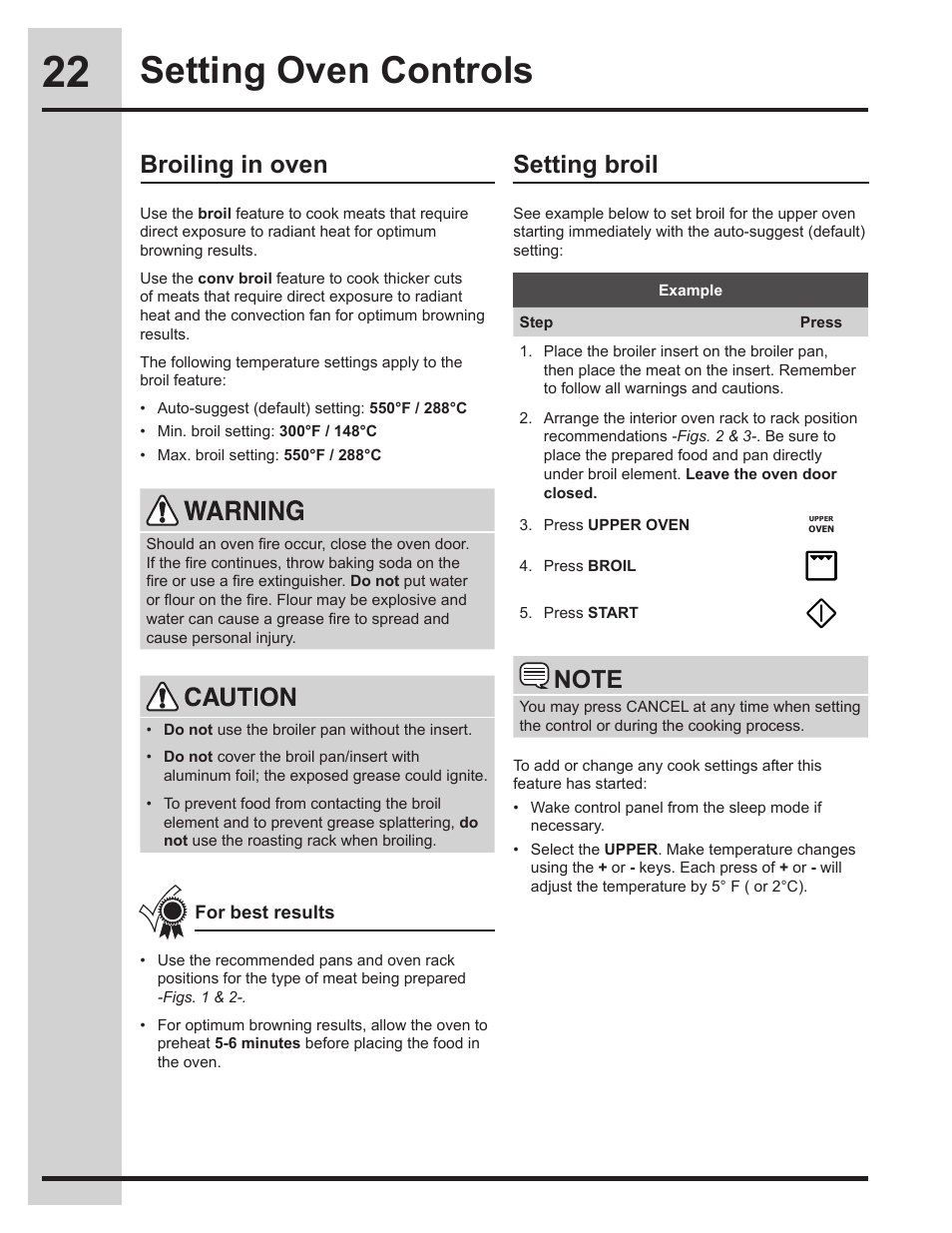 Setting oven controls, Broiling in oven, Setting broil | Electrolux EW30GS75KS User Manual | Page 22 / 56