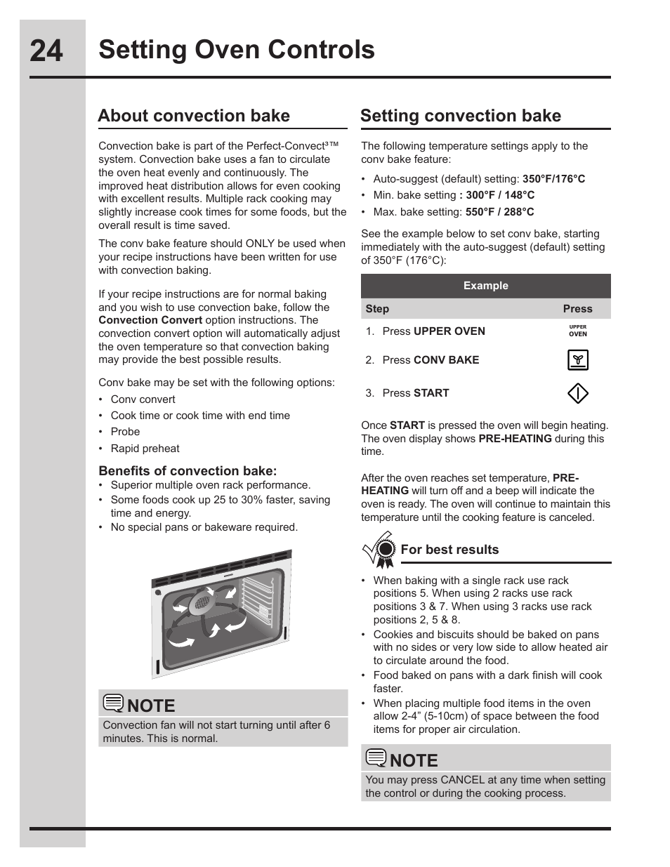 Setting oven controls, About convection bake setting convection bake | Electrolux EW30GS75KS User Manual | Page 24 / 56