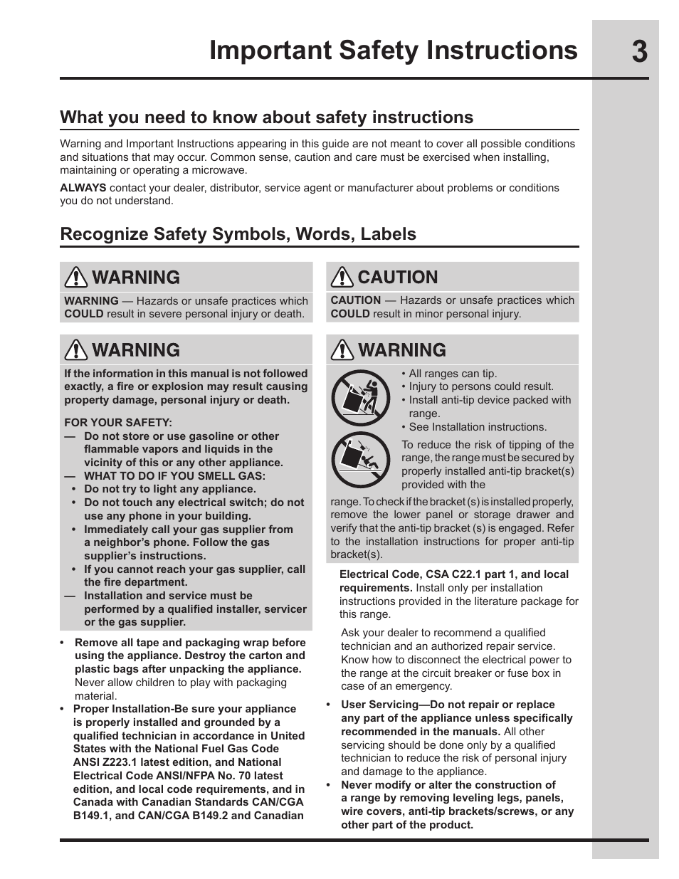 Important safety instructions, What you need to know about safety instructions, Recognize safety symbols, words, labels | Electrolux EW30GS75KS User Manual | Page 3 / 56